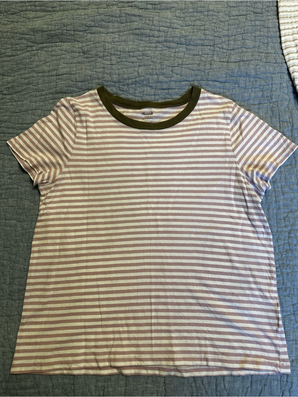 Madewell Striped Short Sleeve Crewneck Top in Mauve, Green, & White